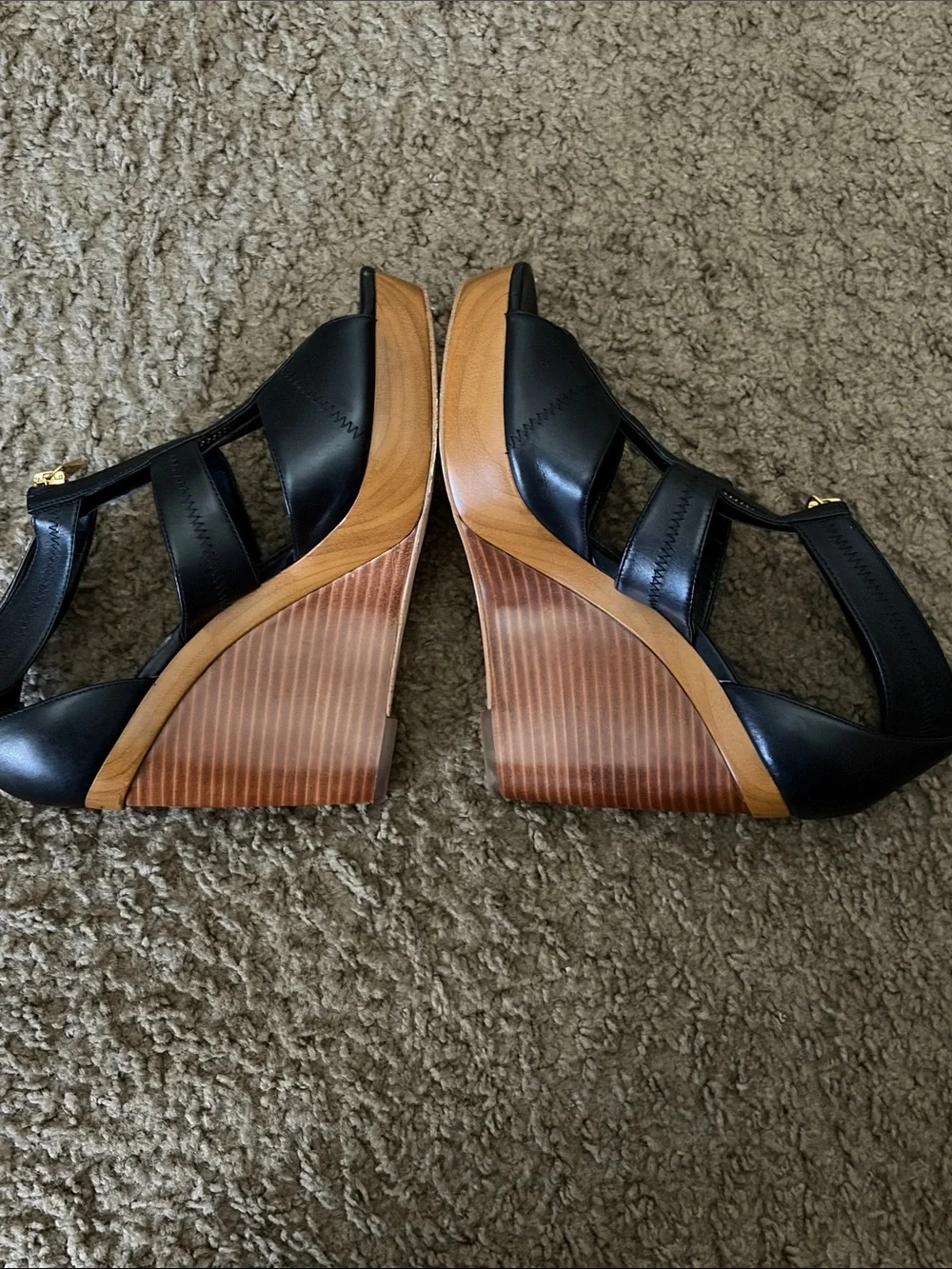 Michael Kors Black Leather Peep-Toe Wedge Sandals with Gold Zip Accent